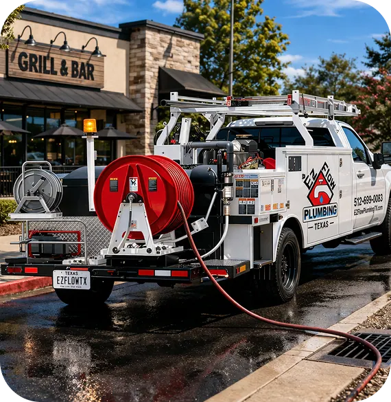 White commercial service truck equipped with a heavy-duty red hydrojetting hose reel by Ez Flow Hydrojetting.