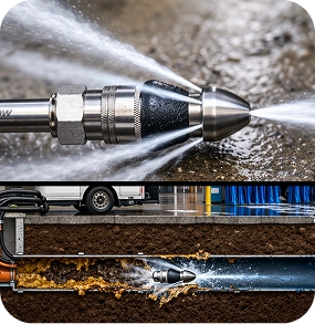 Ez Flow Hydrojetting graphic showing a high-pressure nozzle and a cross-section of it clearing underground pipe sludge.