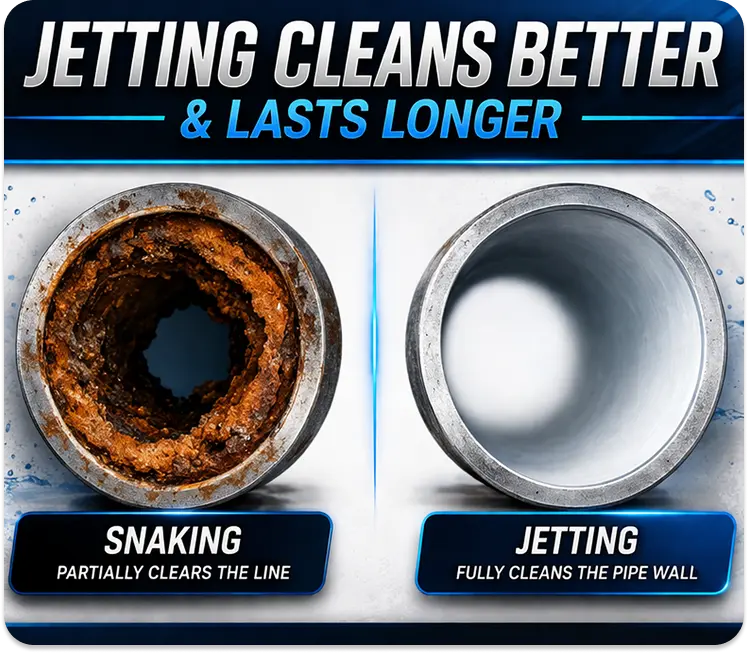 Graphic comparing drain cleaning methods showing Ez Flow hydrojetting fully cleans pipe walls unlike traditional snaking.